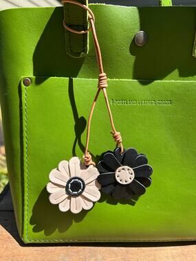 Genuine Leather Black White Daisy Bag Charm Flowers Purse Charm